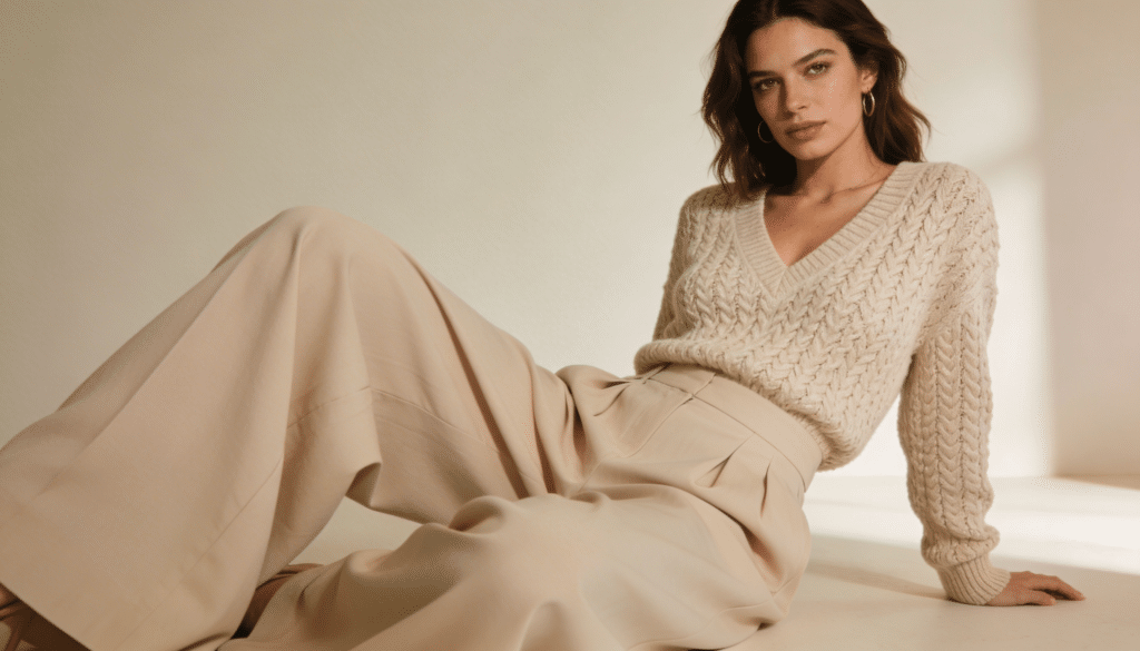 femme séduisante de 30 ans pull col V texturé, pantalon large ample, proportions harmonieuses, look tendance