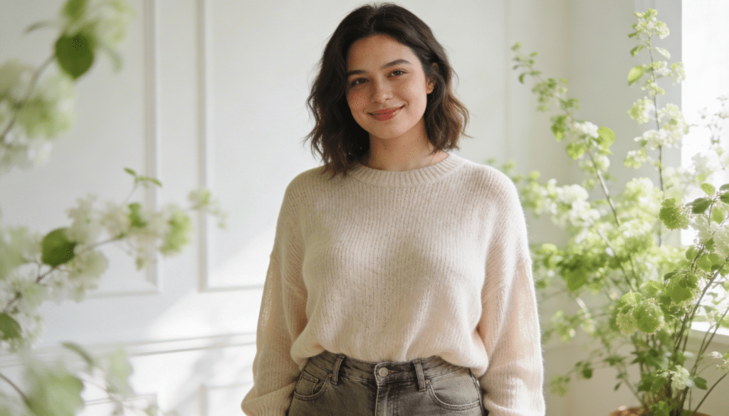 Femme de 35 à 45 ans au corps naturel avec un ventre légèrement rond, debout près d’une fenêtre lumineuse au printemps. Elle porte un pull en maille fine beige clair légèrement fluide et un jean taille haute. Lumière naturelle douce, ambiance élégante et minimaliste, intérieur clair, attitude confiante et sereine, style éditorial magazine féminin réaliste, pas de retouche excessive, silhouette naturelle.