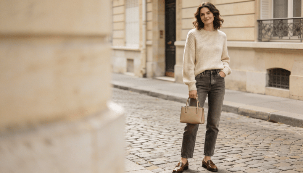 Élégante femme de 30 ans baignée par la douce lumière naturelle du printemps, vêtue d'un pull beige en maille fine, tenue parisienne minimaliste et chic.