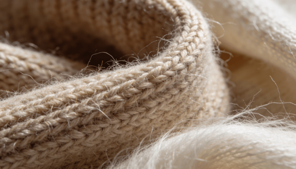 Gros plan sur des pulls en laine mérinos, cachemire et alpaga montrant la texture des fibres naturelles.