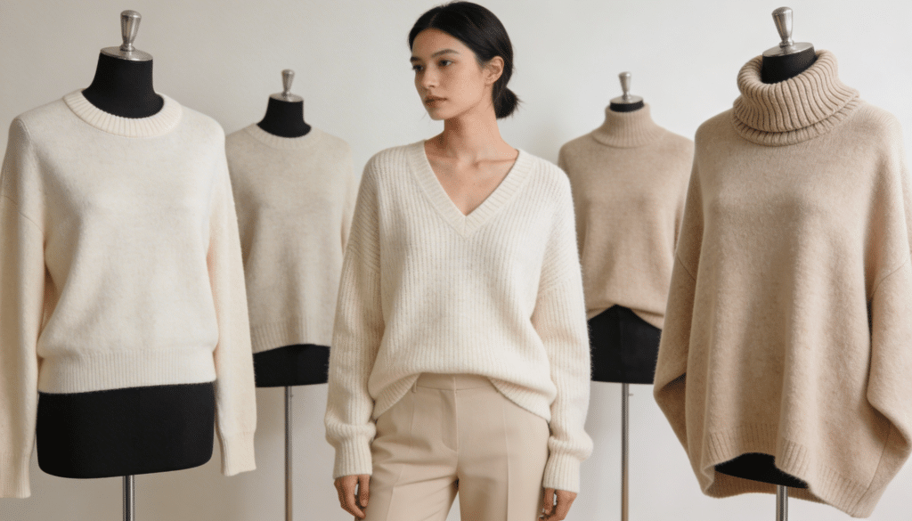 Différents modèles de pulls femme : col rond, col V, col roulé et oversize en matières naturelles.