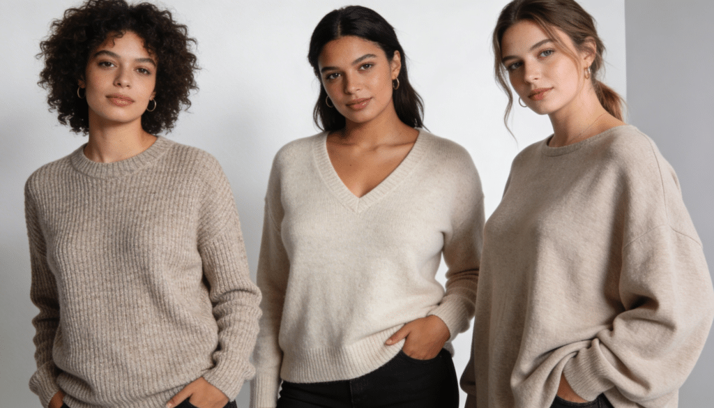 Différentes morphologies féminines mises en valeur par des pulls bien coupés et élégants.