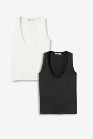 : Duo de débardeurs femme noir et blanc en viscose côtelée avec dentelle, modèle Tiffosi VIGO14P, collection printemps été 2026 boutique Casual Sénas.