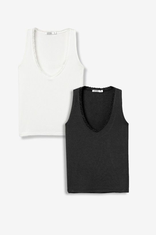 : Duo de débardeurs femme noir et blanc en viscose côtelée avec dentelle, modèle Tiffosi VIGO14P, collection printemps été 2026 boutique Casual Sénas.