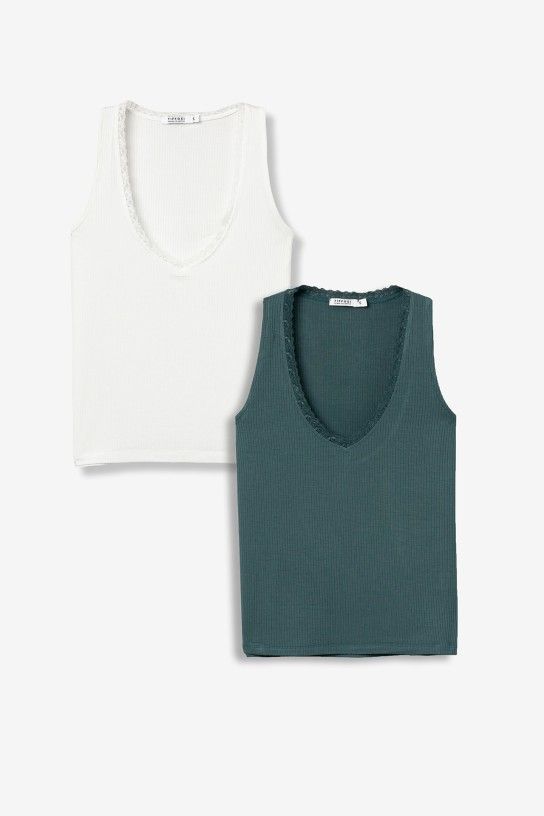 Lot de deux débardeurs femme Tiffosi vert et blanc, maille côtelée avec bordure dentelle au décolleté, coupe ajustée extensible, collection printemps été 2026 boutique Casual Sénas.