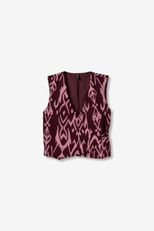 Gilet cache-cœur femme Tiffosi KIM1C imprimé graphique bordeaux et rose, fermeture anneau métallique, collection printemps été 2026 Casual Sénas.