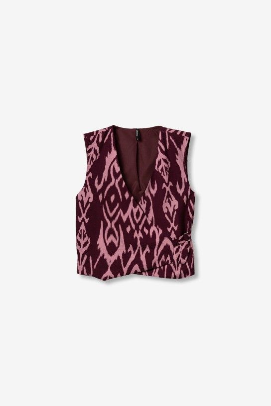 Gilet cache-cœur femme Tiffosi KIM1C imprimé graphique bordeaux et rose, fermeture anneau métallique, collection printemps été 2026 Casual Sénas.