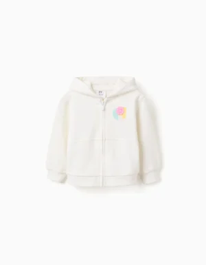Sweat à capuche blanc zippé pour bébé fille Zippy, 100% coton avec fleurs en relief, collection printemps-été 2026 boutique Casual Sénas.