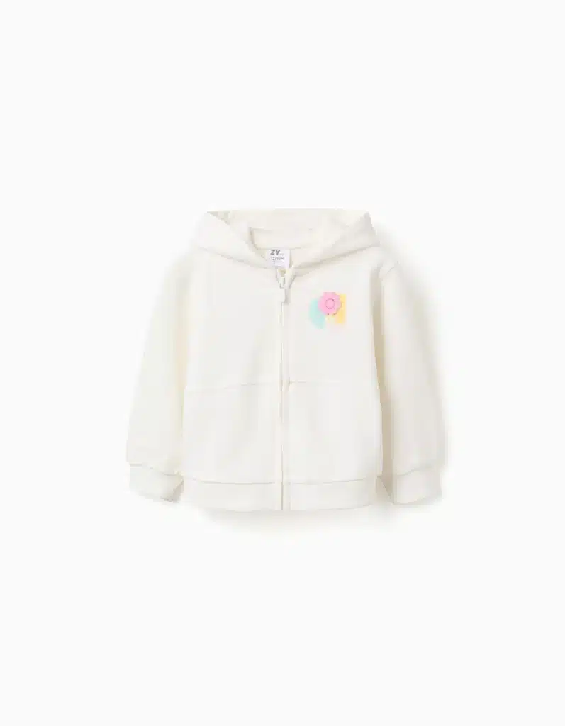 Sweat à capuche blanc zippé pour bébé fille Zippy, 100% coton avec fleurs en relief, collection printemps-été 2026 boutique Casual Sénas.
