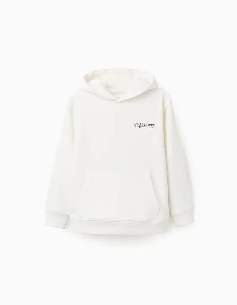 Sweat à capuche blanc pour garçon avec imprimé en relief à l'avant et poche kangourou, collection printemps/été 2026 Zippy.