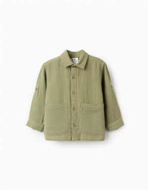 Chemise à manches longues pour bébé garçon en gaze de coton vert kaki avec poches avant et manches retroussables, collection 2026 Zippy.