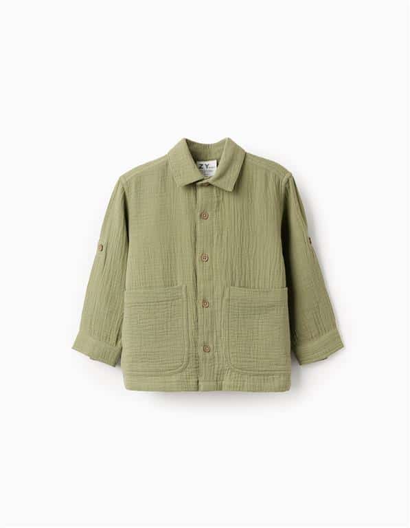 Chemise à manches longues pour bébé garçon en gaze de coton vert kaki avec poches avant et manches retroussables, collection 2026 Zippy.