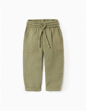 Pantalon baggy mi-saison vert pour bébé garçon en gaze de coton respirante avec taille ajustable, collection 2026 Zippy.