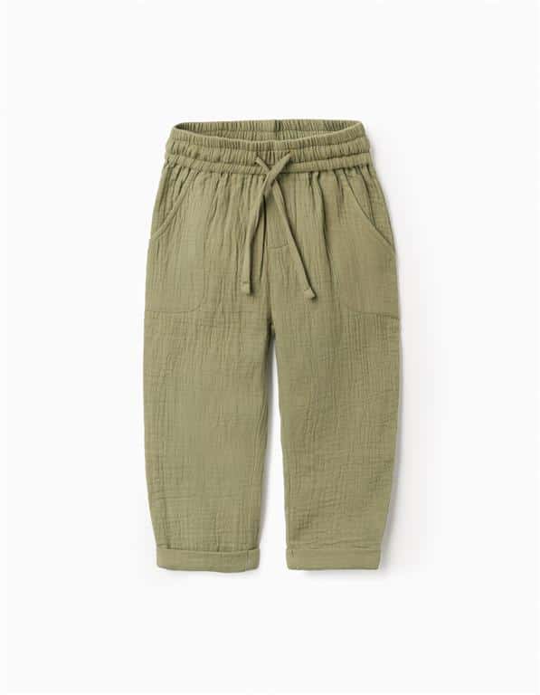 Pantalon baggy mi-saison vert pour bébé garçon en gaze de coton respirante avec taille ajustable, collection 2026 Zippy.