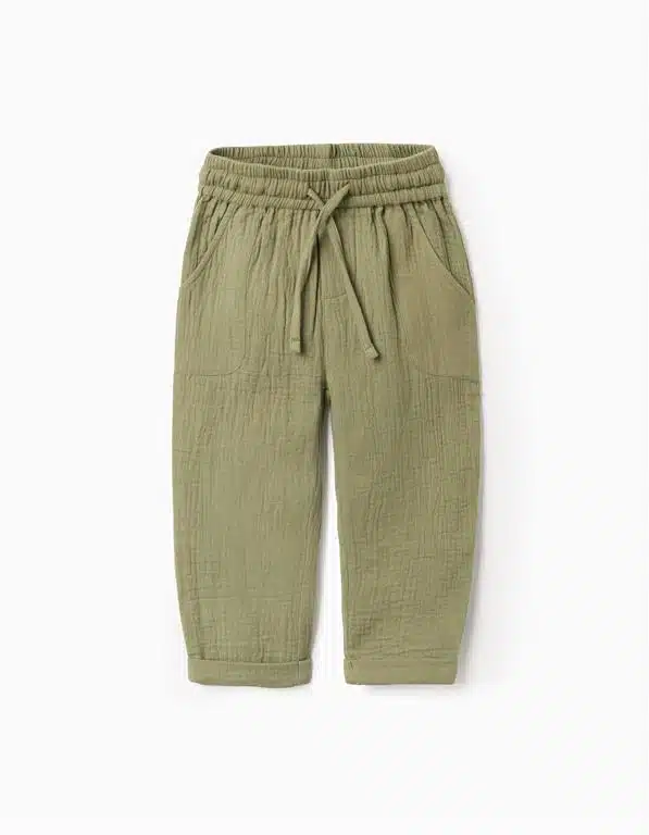 Pantalon baggy mi-saison vert pour bébé garçon en gaze de coton respirante avec taille ajustable, collection 2026 Zippy.