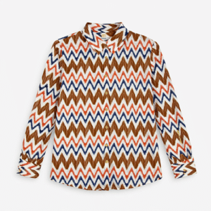 Chemisier manches longues blanc à motifs graphiques zigzag multicolores Étymologie, collection printemps-été 2026 boutique Casual Sénas.