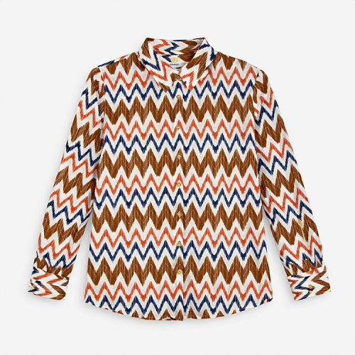 Chemisier manches longues blanc à motifs graphiques zigzag multicolores Étymologie, collection printemps-été 2026 boutique Casual Sénas.