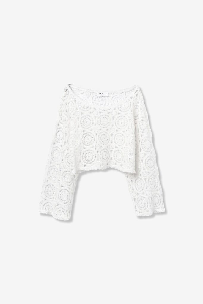 Blouse blanche ado fille Tiffosi en dentelle circulaire ajourée, manches longues évasées, collection TYW printemps-été 2026 Casual Sénas.