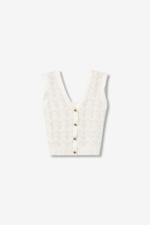 Débardeur femme Tiffosi blanc en maille tricotée ajourée, col V et boutons dorés, 100% coton, mode été 2026 Casual Sénas.