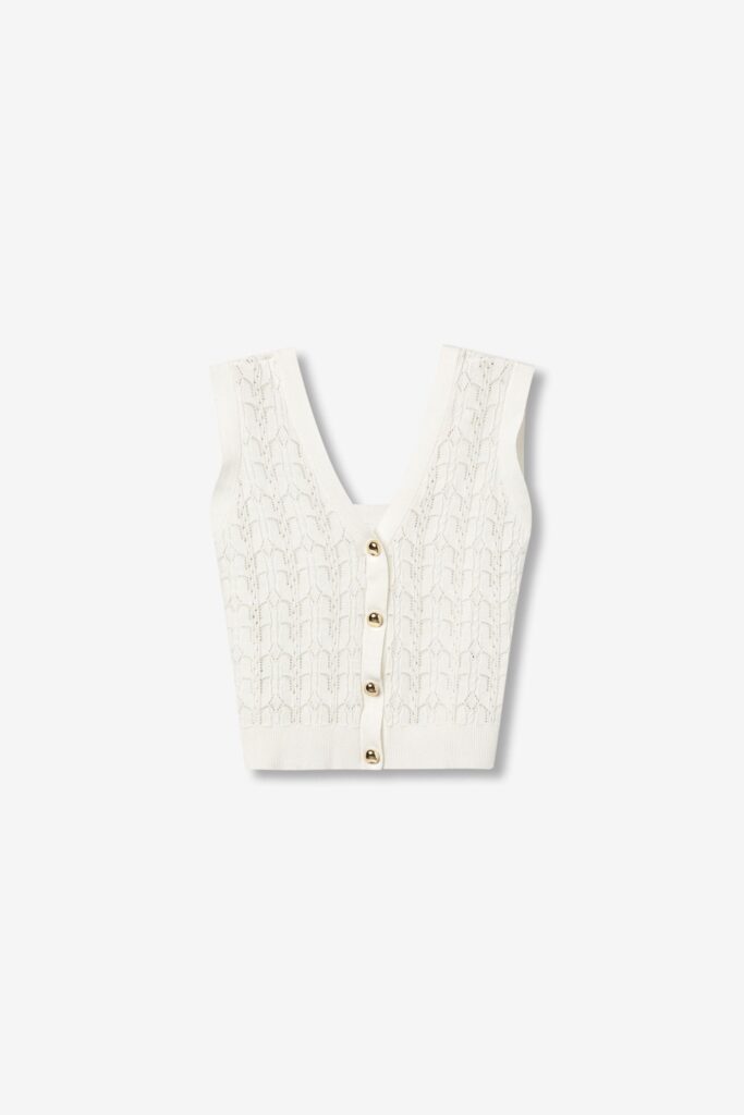 Débardeur femme Tiffosi blanc en maille tricotée ajourée, col V et boutons dorés, 100% coton, mode été 2026 Casual Sénas.