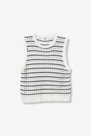 Débardeur femme Tiffosi blanc à rayures bleues contrastées, maille texturée ajourée, mélange coton viscose, mode été 2026 Casual Sénas.