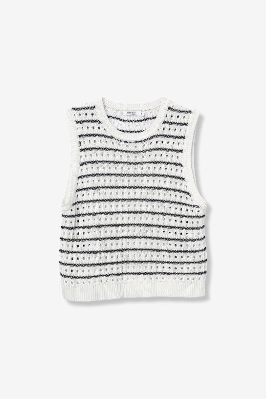 Débardeur femme Tiffosi blanc à rayures bleues contrastées, maille texturée ajourée, mélange coton viscose, mode été 2026 Casual Sénas.