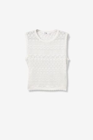 Débardeur femme Tiffosi blanc en maille tricotée ajourée, col rond et ourlet festonné, collection été 2026 Casual Sénas.