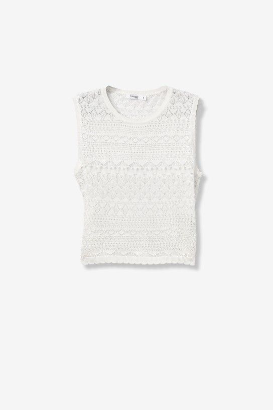 Débardeur femme Tiffosi blanc en maille tricotée ajourée, col rond et ourlet festonné, collection été 2026 Casual Sénas.