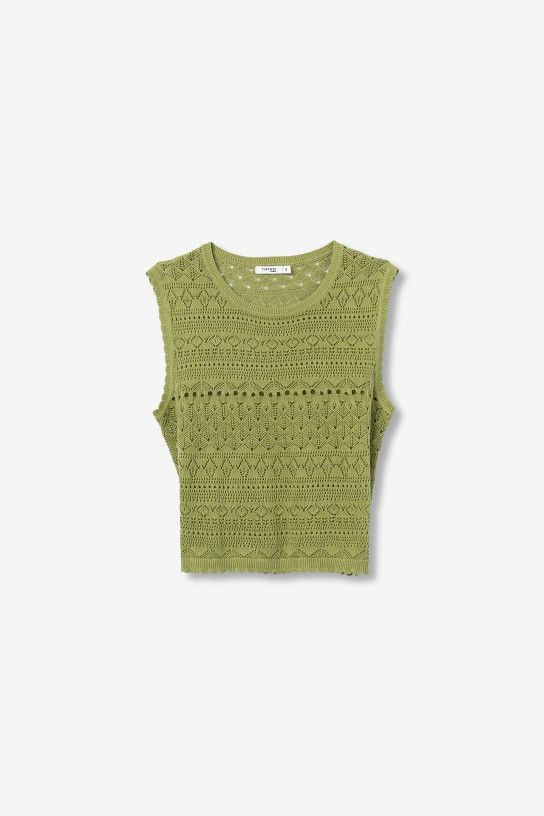 Débardeur femme Tiffosi vert moderne en maille tricotée ajourée, col rond et finition festonnée, mode été 2026 Casual Sénas.