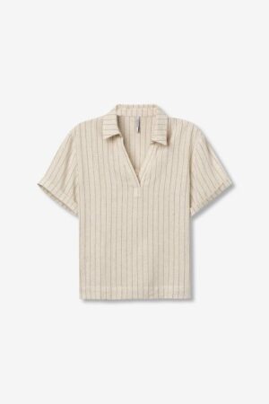 Blouse femme Tiffosi beige à rayures verticales, mélange lin et viscose, col ouvert style polo, mode été 2026 Casual Sénas.
