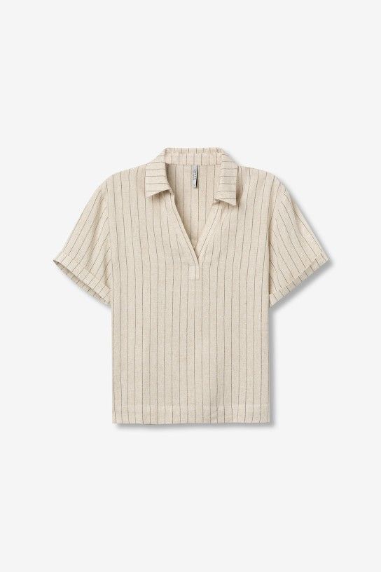 Blouse femme Tiffosi beige à rayures verticales, mélange lin et viscose, col ouvert style polo, mode été 2026 Casual Sénas.