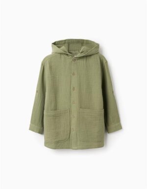 Chemise longue vert kaki en gaze de coton avec capuche pour garçon Zippy, poches avant et manches boutonnées, collection printemps-été 2026 boutique Casual Sénas.