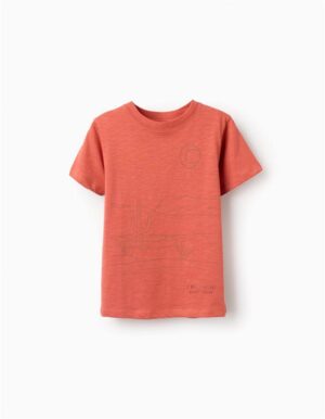 T-shirt orange à manches courtes pour garçon Zippy, col rond et motif en relief sur le devant, 100% coton, collection 2026 boutique Casual Sénas.