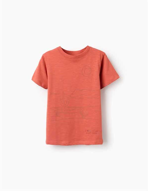 T-shirt orange à manches courtes pour garçon Zippy, col rond et motif en relief sur le devant, 100% coton, collection 2026 boutique Casual Sénas.