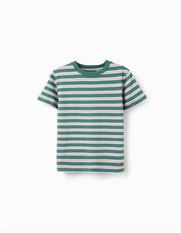 : T-shirt à manches courtes vert à rayures pour garçon Zippy, col rond et coupe droite, 100% coton, collection printemps-été 2026 boutique Casual Sénas.