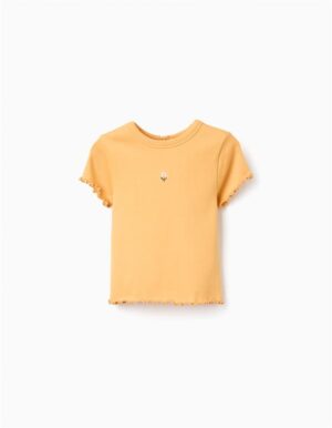 T-shirt à manches courtes jaune pastel pour bébé fille Zippy, matière côtelée avec bordure froufrou et motif fleur, collection 2026 boutique Casual Sénas.