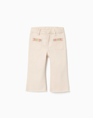 Pantalon évasé en sergé de coton beige pour bébé fille Zippy, broderies au point de croix et ourlets effilochés, collection 2026 boutique Casual Sénas.