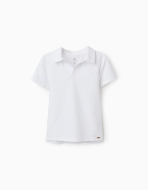 Polo blanc à manches courtes pour garçon Zippy, texture jacquard originale et col en V sans boutons, 100% coton, collection 2026 boutique Casual Sénas.