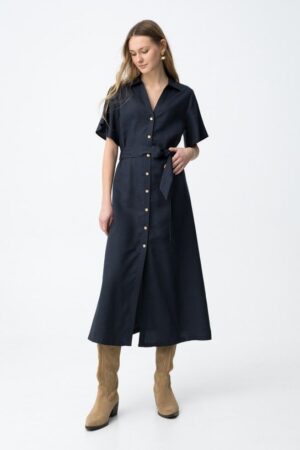 Robe longue bleue femme Tiffosi MOPA col chemise boutons dorés 100% lyocell fluide Casual Sénas mode printemps été