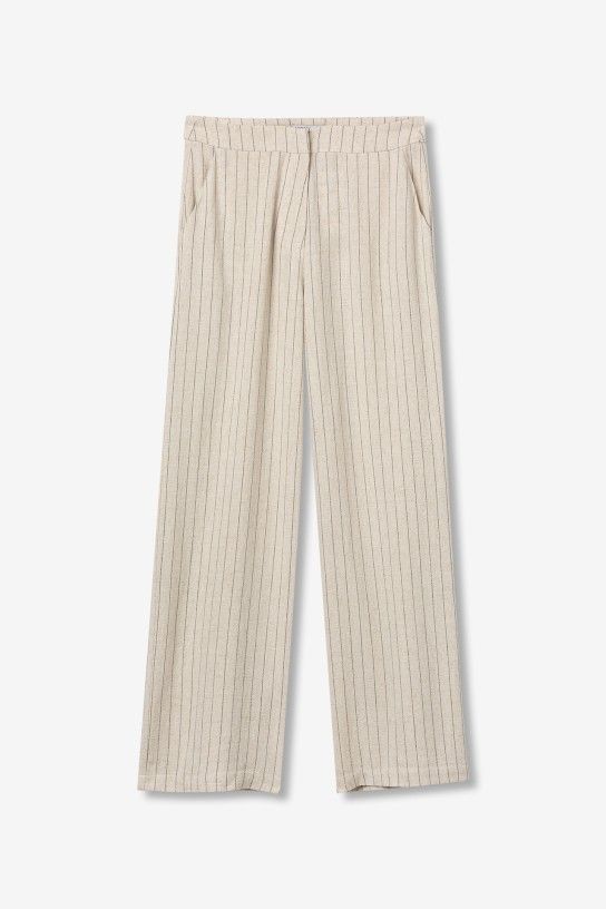 Pantalon chino large femme Tiffosi ANITTA B beige rayures bleues fluide lin viscose décontracté chic Casual Sénas mode été