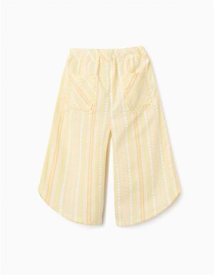 Pantalon ample pour bébé fille avec rayures verticales jaunes et blanches, en pur coton avec taille élastiquée, marque Zippy chez Casual Sénas.