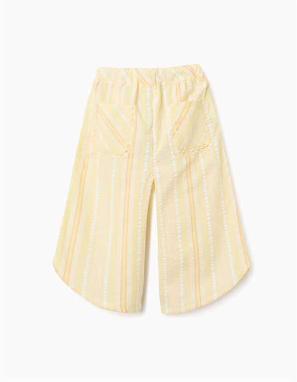 Pantalon ample pour bébé fille avec rayures verticales jaunes et blanches, en pur coton avec taille élastiquée, marque Zippy chez Casual Sénas.