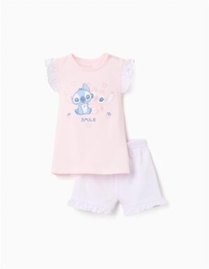 Ensemble pyjama deux pièces pour bébé fille comprenant un t-shirt rose Stitch et Angel et un short blanc volanté, marque Zippy, en vente chez Casual Sénas.