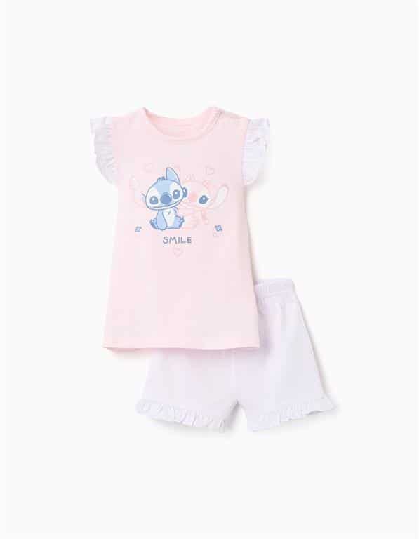 Ensemble pyjama deux pièces pour bébé fille comprenant un t-shirt rose Stitch et Angel et un short blanc volanté, marque Zippy, en vente chez Casual Sénas.