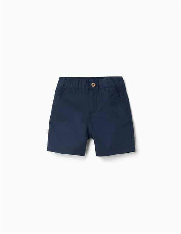 Short en coton bleu marine pour bébé garçon avec taille élastiquée au dos et fermeture boutonnée, marque Zippy, nouvelle collection chez Casual Sénas.