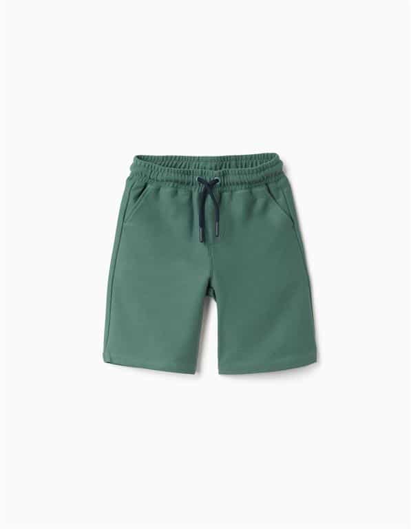 Short de jogging vert pour garçon avec taille élastiquée et cordon de serrage, marque Zippy, nouvelle collection chez Casual Sénas.