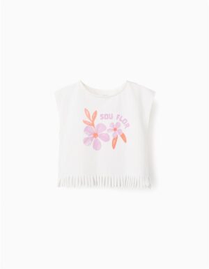 Débardeur blanc pour fille en coton avec coupe large, logo fleuri et bas à franges, marque Zippy, nouvelle collection chez Casual Sénas.
