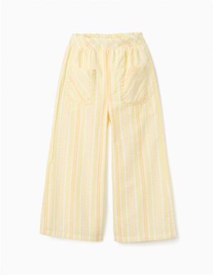 Pantalon ample pour fille avec rayures verticales jaunes et blanches, taille élastiquée, marque Zippy, nouvelle collection chez Casual Sénas.