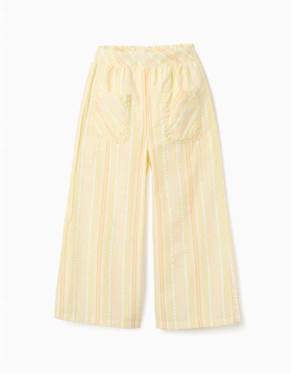 Pantalon ample pour fille avec rayures verticales jaunes et blanches, taille élastiquée, marque Zippy, nouvelle collection chez Casual Sénas.