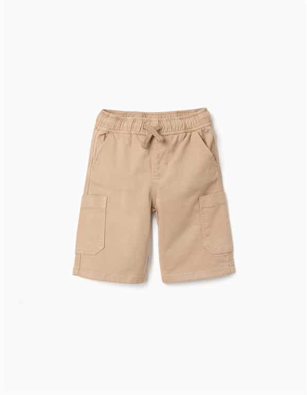 Short cargo beige pour garçon avec poches sur les côtés et taille élastiquée, marque Zippy, nouvelle collection chez Casual Sénas.